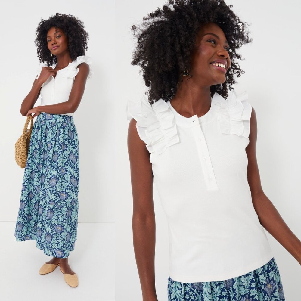 The Shirt by Rochelle Behrens White Ruffled Sleeveless Knit Top